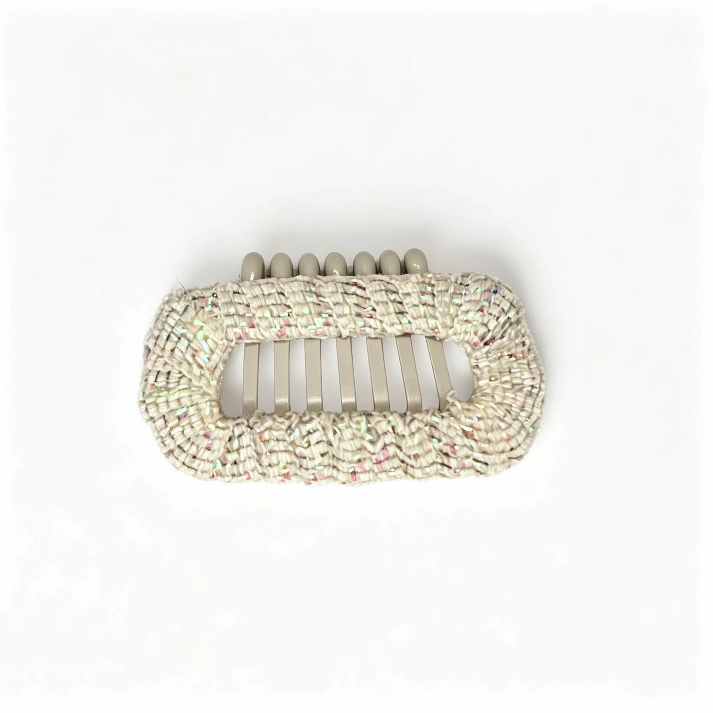 Pearl Cream Aurora Weave Shimmer dog barrette, a cream woven hair clip for elegant Shih Tzu, Maltese, and Yorkie topknots.