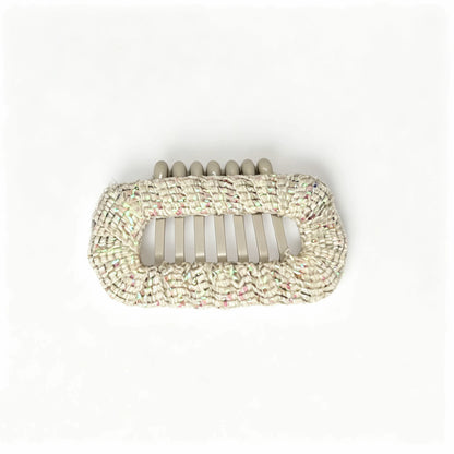 Pearl Cream Aurora Weave Shimmer dog barrette, a cream woven hair clip for elegant Shih Tzu, Maltese, and Yorkie topknots.