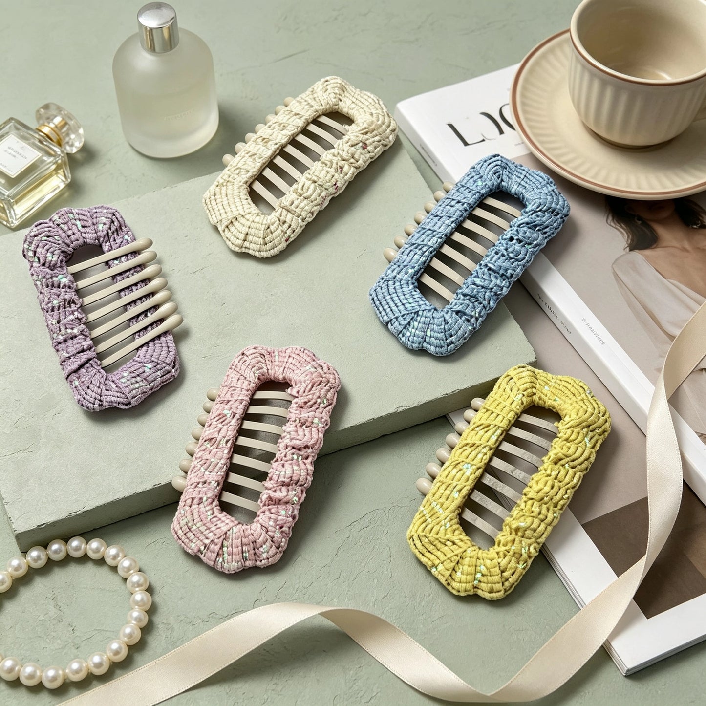 Aurora Weave Shimmer dog barrettes in Butter Glow, Lilac Haze, Opal Blue, Petal Rose, and Pearl Cream for Shih Tzu, Maltese and Yorkie styling.