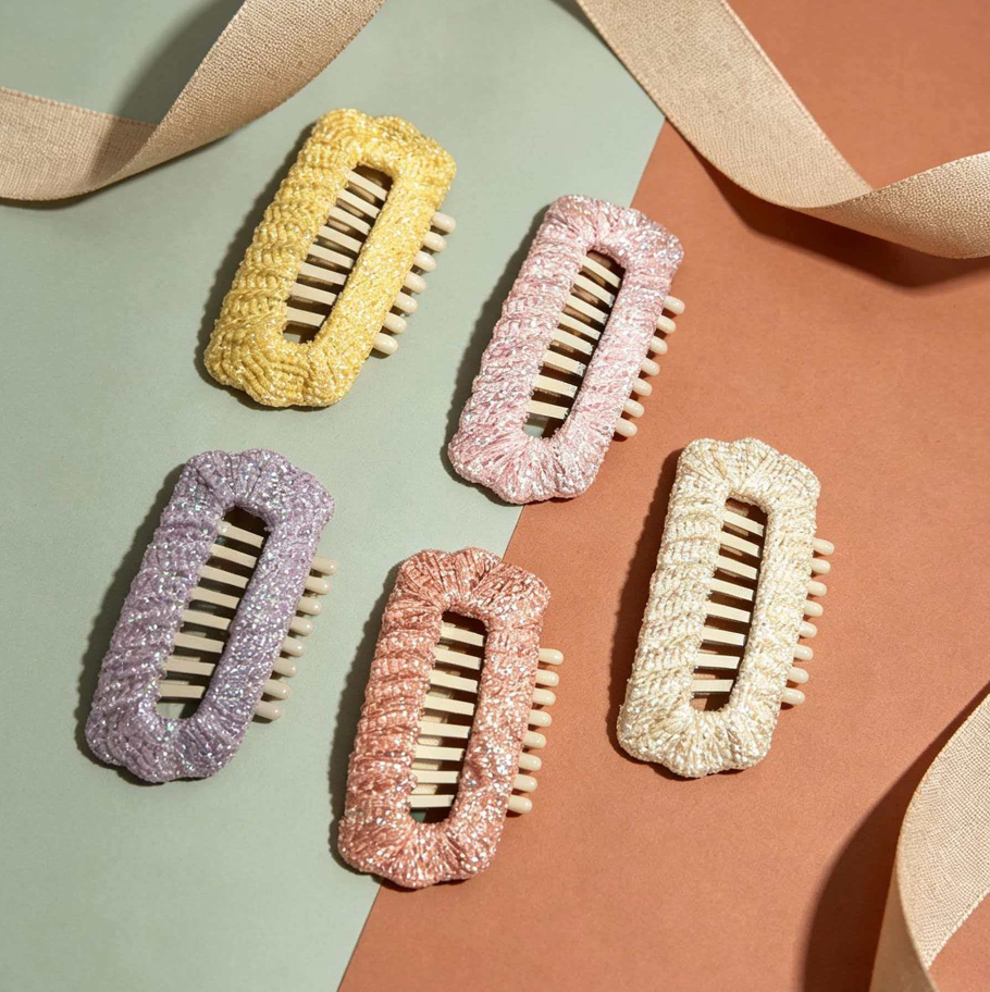 Aurora Weave Shimmer dog barrette clips in Butter Glow, Lilac Haze, Petal Rose, Pink and Pearl Cream for Shih Tzu, Maltese, Yorkie and other long-haired dogs styling.
