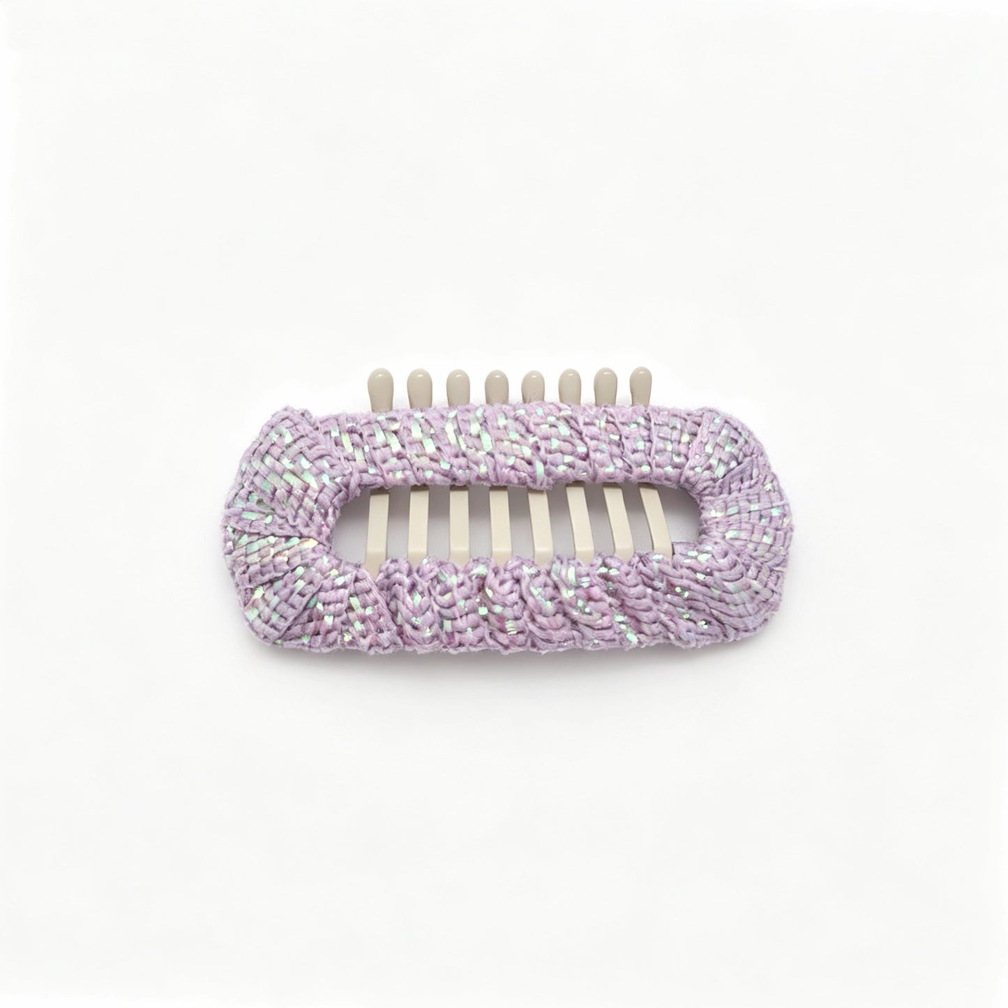 Lilac Haze Aurora Weave Shimmer dog barrette, a soft lavender woven hair clip for gentle Shih Tzu face-framing styling.