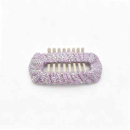 Lilac Haze Aurora Weave Shimmer dog barrette, a soft lavender woven hair clip for gentle Shih Tzu face-framing styling.