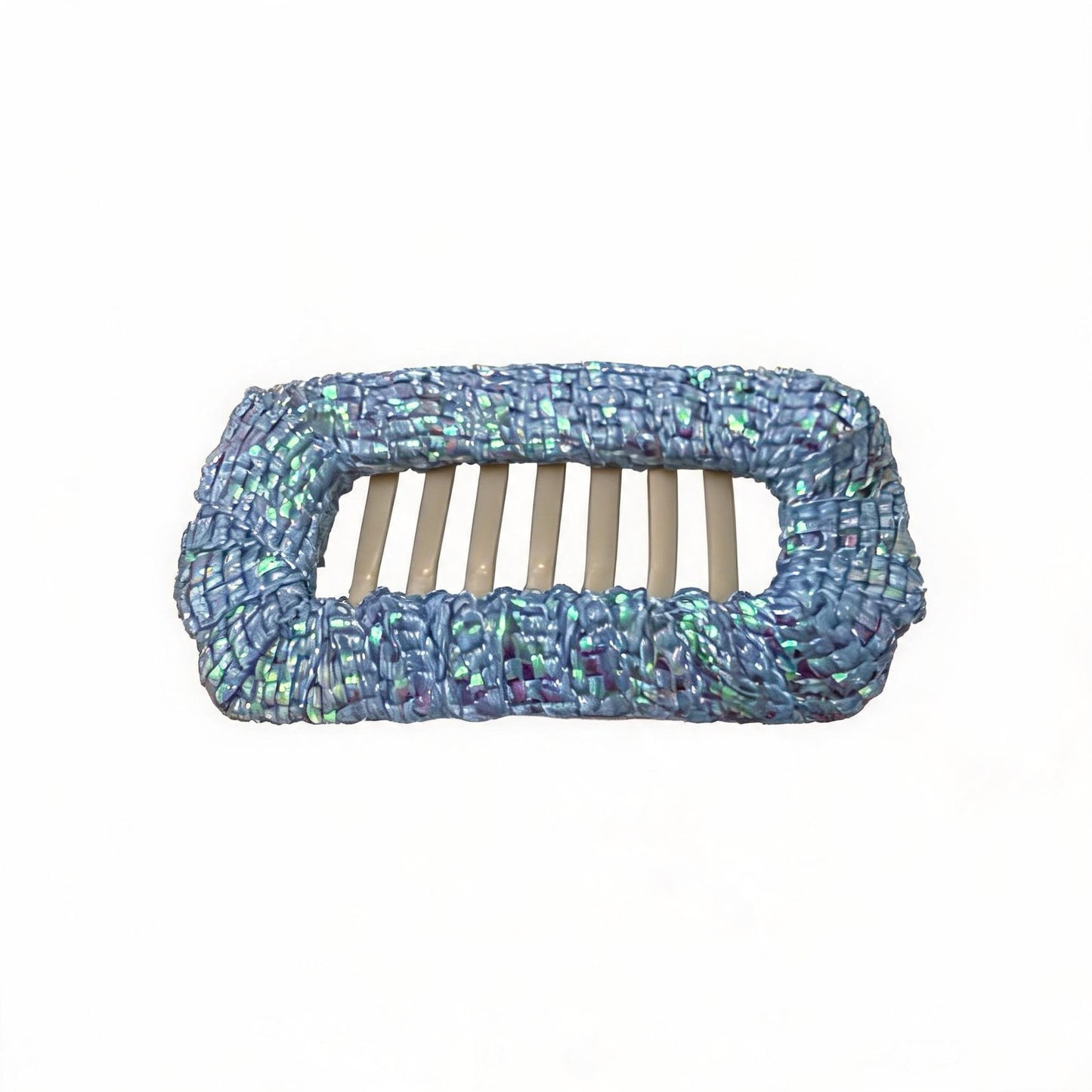 Opal Blue Aurora Weave Shimmer dog barrette, a soft light blue woven hair clip for polished Yorkie styling.