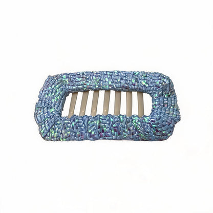 Opal Blue Aurora Weave Shimmer dog barrette, a soft light blue woven hair clip for polished Yorkie styling.