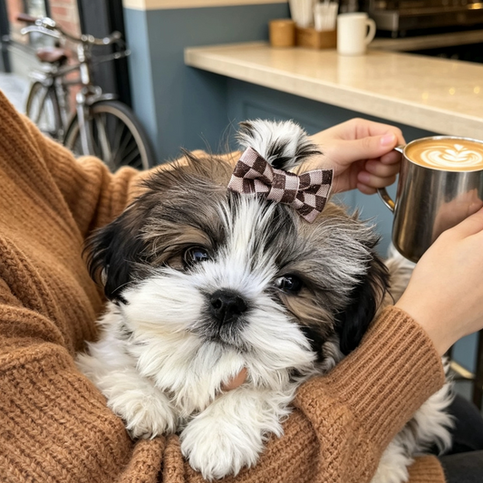 Small dog wearing a Cocoa Blush Checkerboard Hair Bow in a café setting with owner holding a latte - SilkyCo boutique grooming.