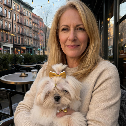 SilkyCo Chenille-Trimmed elegant dog hair bow on Maltese dog, pearl necklace, outdoor café style.