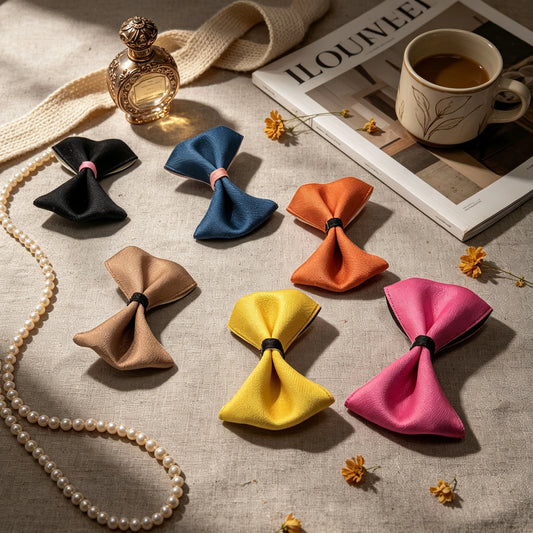 Contrast Palette dog hair bow clips in Raspberry Pink, Slate Blue, Buttercup Yellow, Classic Onyx Black, Taupe Latte, and Amber Spice for Shih Tzu, Maltese, and Yorkie styling.