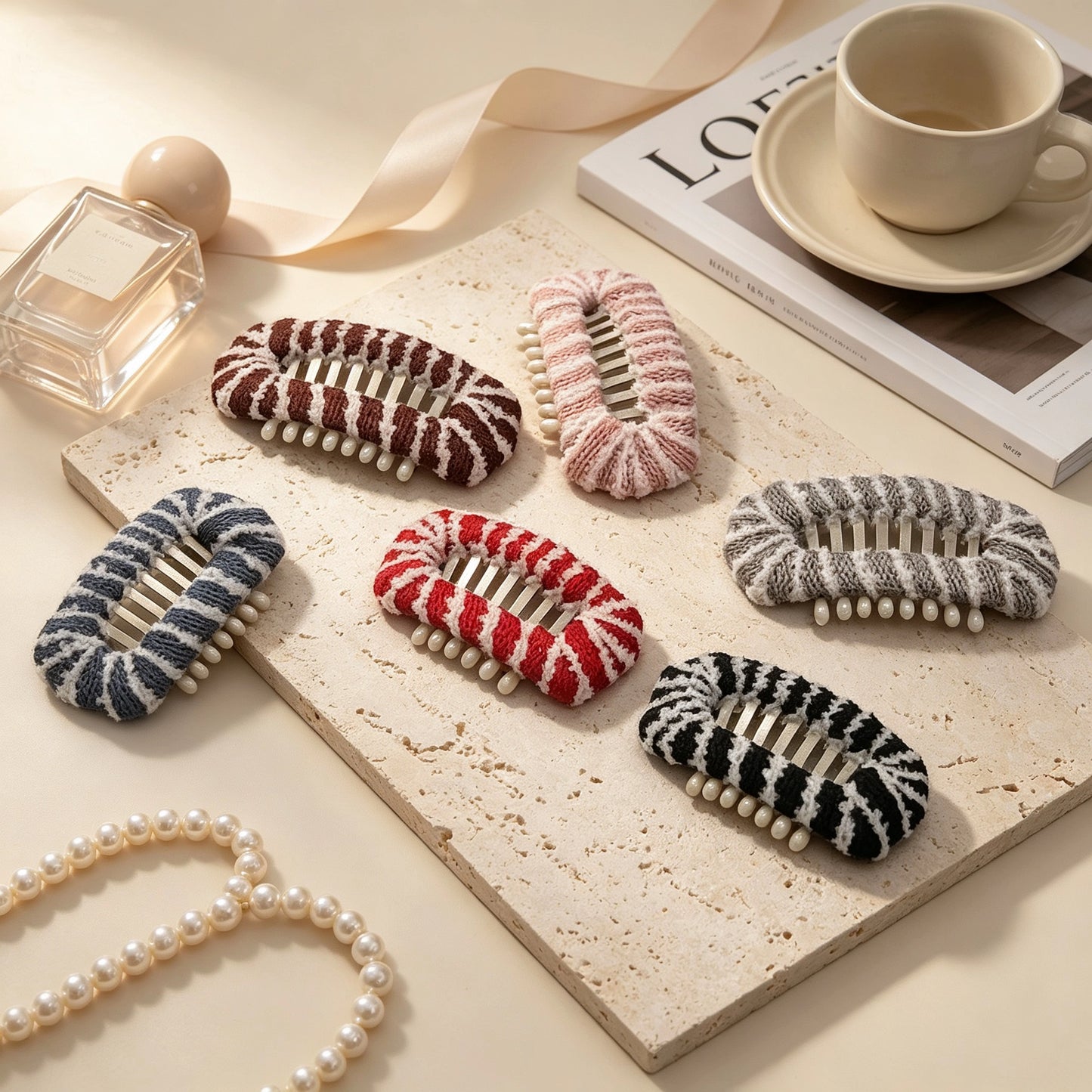 Cozy Embrace dog barrettes in Noir Frost, Crimson Frost, Silver Haze, Blush Cloud, Chestnut Cream, and Powder Mist for Shih Tzu, Maltese, and Yorkie styling.