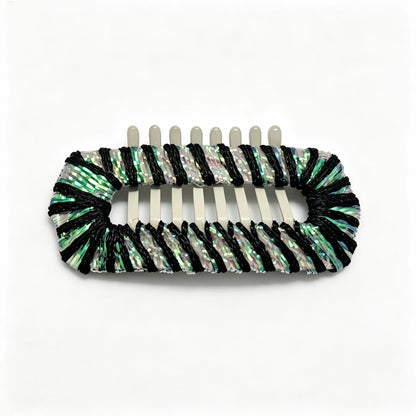 Aurora Noir Iridescent Sheen dog barrette, a black shimmer hair clip with soft reflective details for polished Yorkie topknot styling.