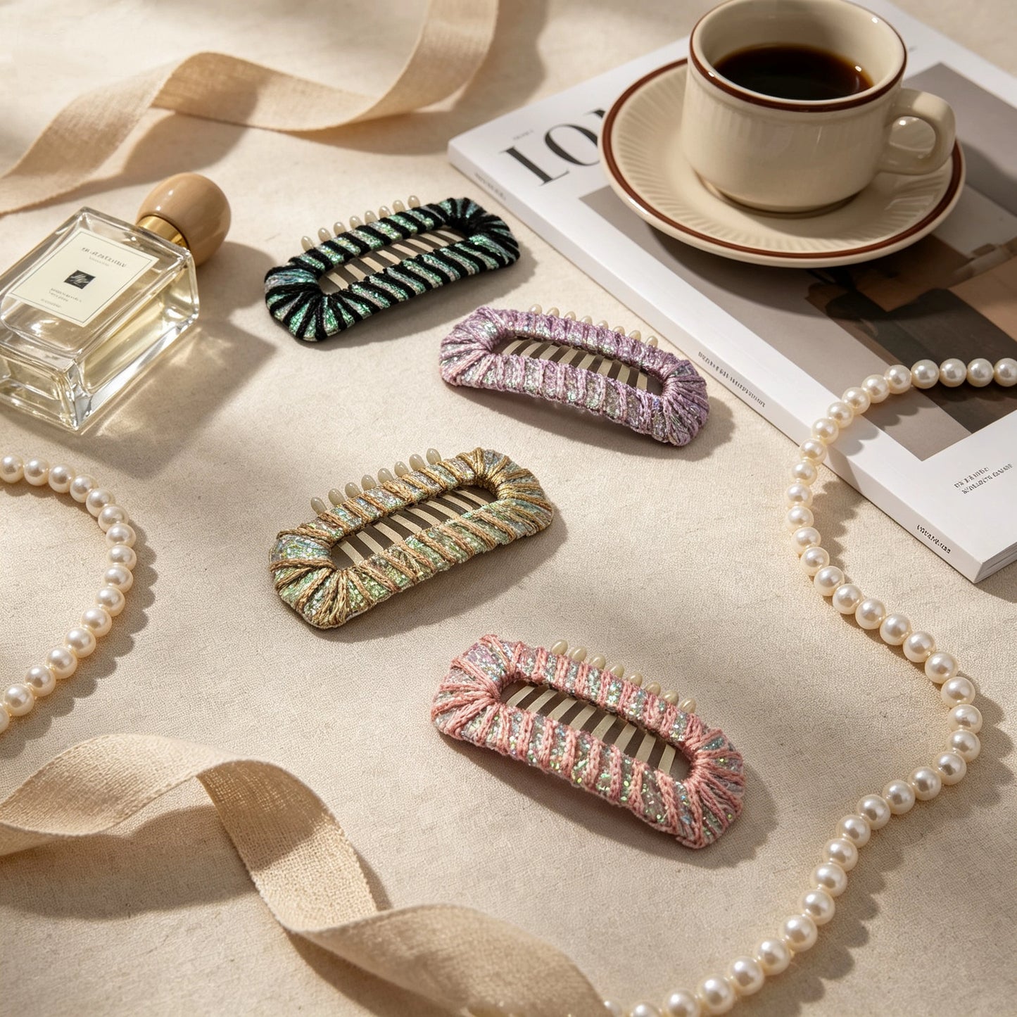 Iridescent Sheen dog barrettes in Aurora Noir, Lilac Haze, Petal Rose, and Champagne Gold for Shih Tzu, Maltese, and Yorkie styling.