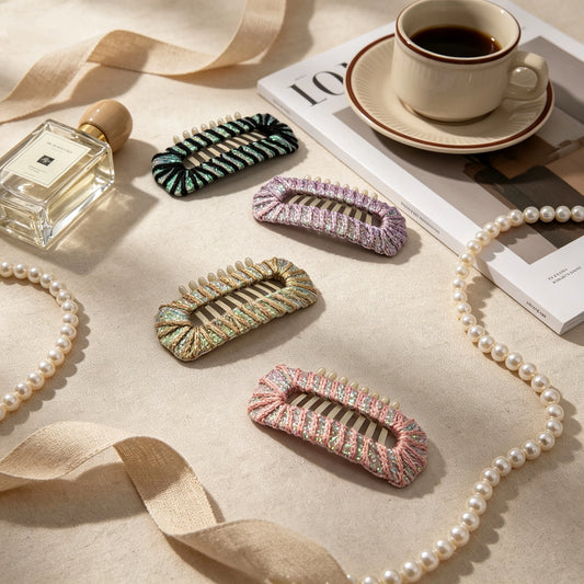 Iridescent Sheen dog barrettes in Aurora Noir, Lilac Haze, Petal Rose, and Champagne Gold for Shih Tzu, Maltese, and Yorkie styling.