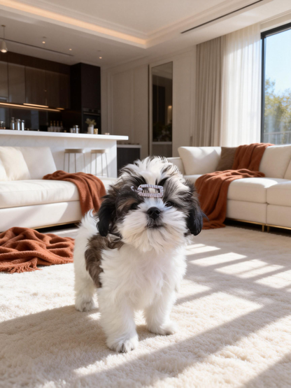 Iridescent Sheen lilac haze dog barrette styled in a black and white Shih Tzu puppy, in a softly lit cozy indoor setting with a light sofa and brown blanket.
