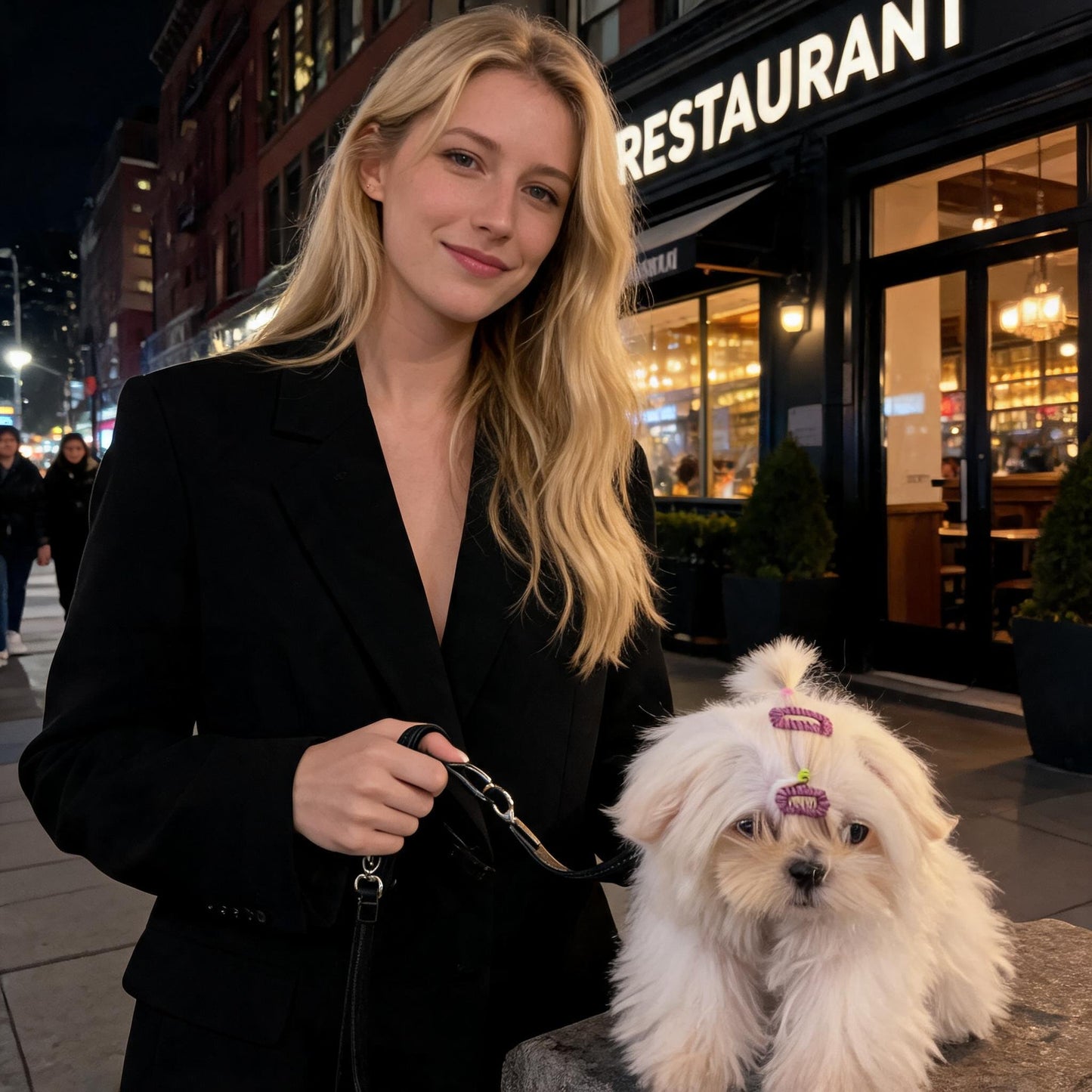A Maltese wearing Aubergine Lace Whisper dog barrettes in a topknot sits beside a woman outside a softly lit restaurant at night.