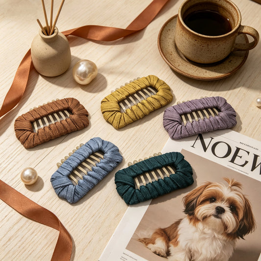 Matte Whisper dog barrettes in Deep Teal, Chestnut, Dusty Lavender, Soft Khaki, and Opal Blue for Shih Tzu, Maltese, and Yorkie styling.