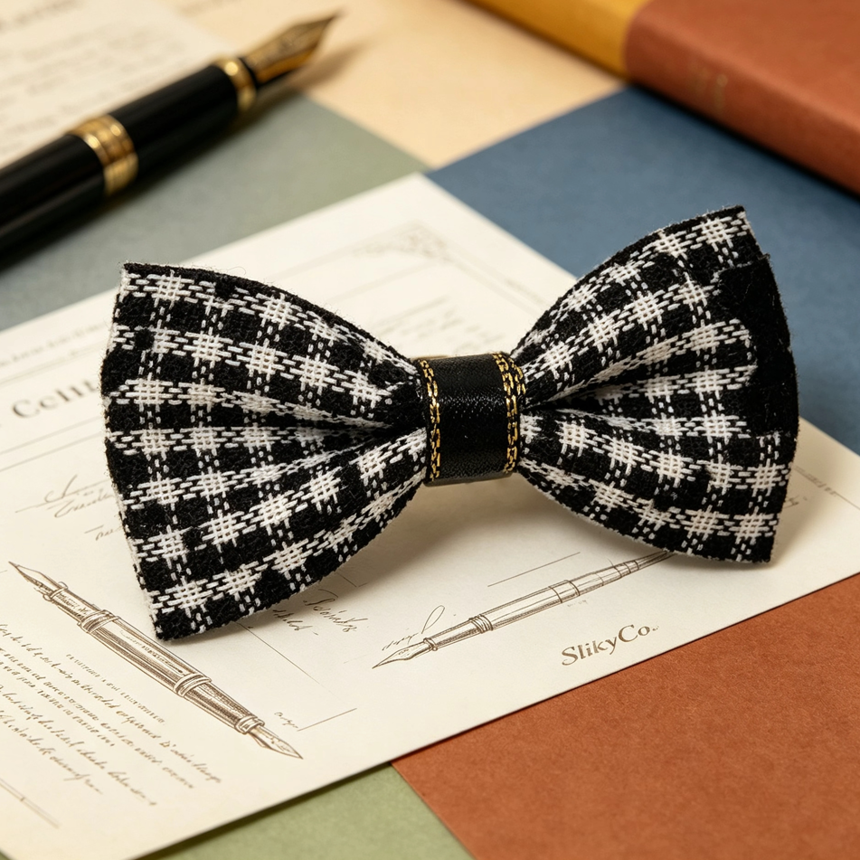 Handmade black and white checkered dog hair bow with gold-edge detailing on SilkyCo stationery - luxury grooming accessory for Shih Tzu.