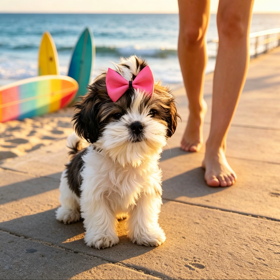 Shih Tzu puppy wearing a Raspberry Pink Contrast Palette dog hair bow in a topknot at the beach during golden hour.