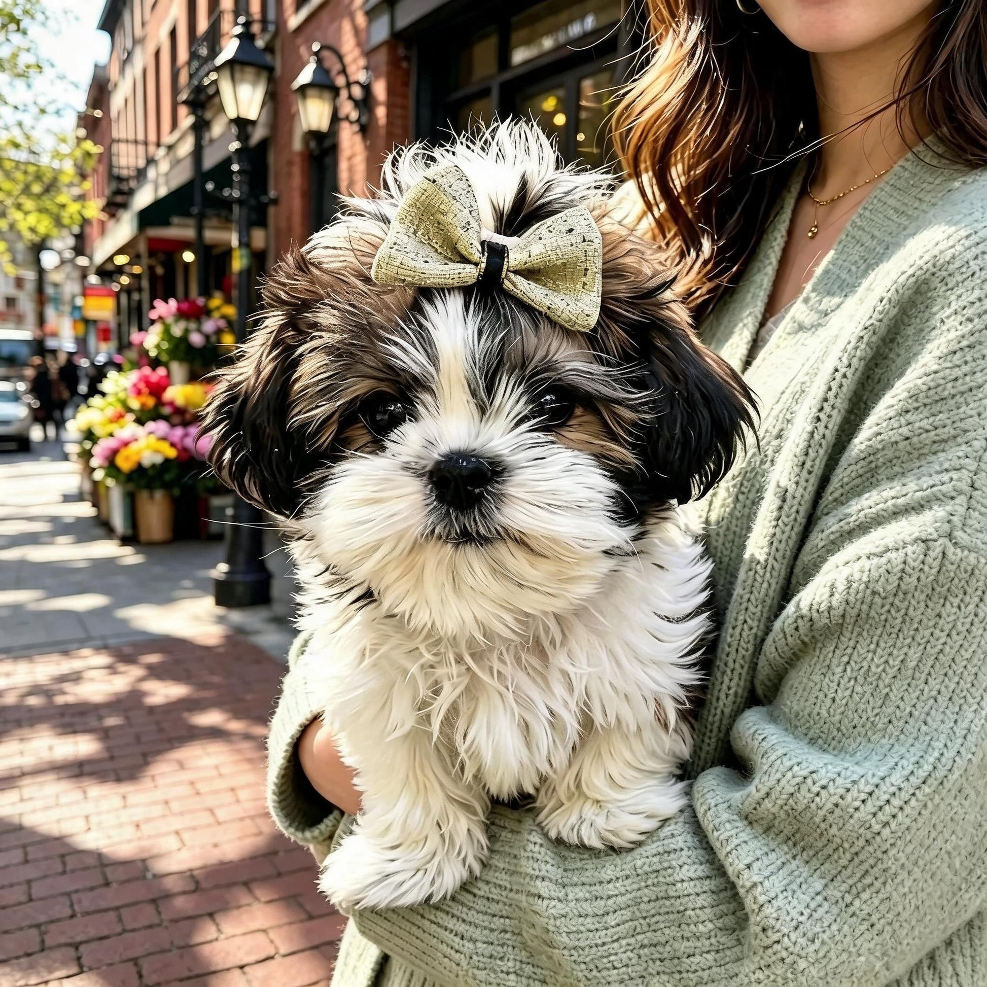 A woman holding a Shih Tzu puppy in an sage green SilkyCo tweed bow during a city walk.