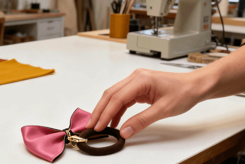 A SilkyCo artisan's hands on a workbench, manually assembling a dark brown hair tie with a bright pink, detachable pet bow featuring a gold lobster clasp, with a sewing machine and tools in the background.