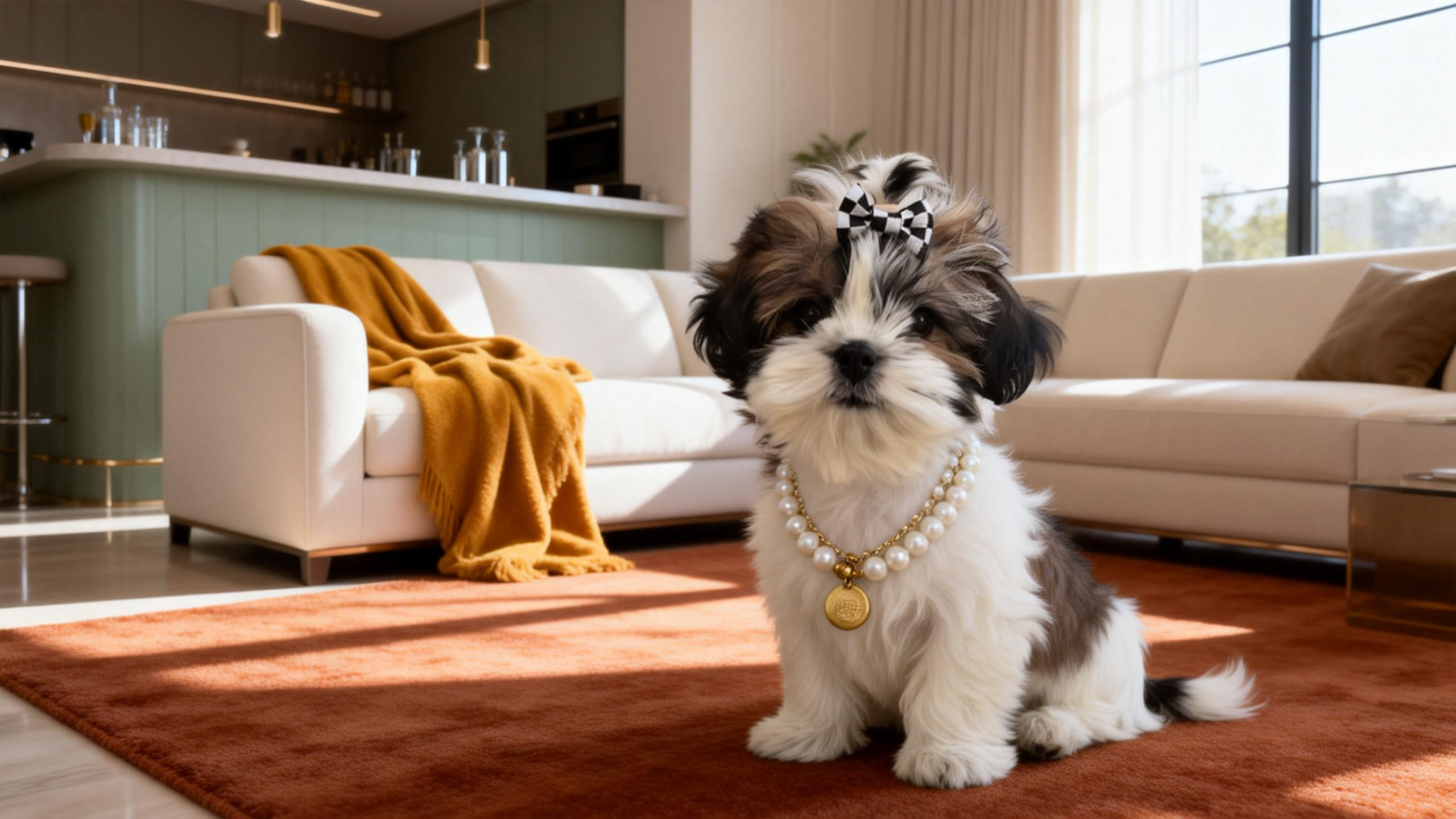 A Shih Tzu puppy adorned with a SilkyCo checkerboard bow and pearl necklace sits on a sun-drenched orange rug, showcasing warm home life.