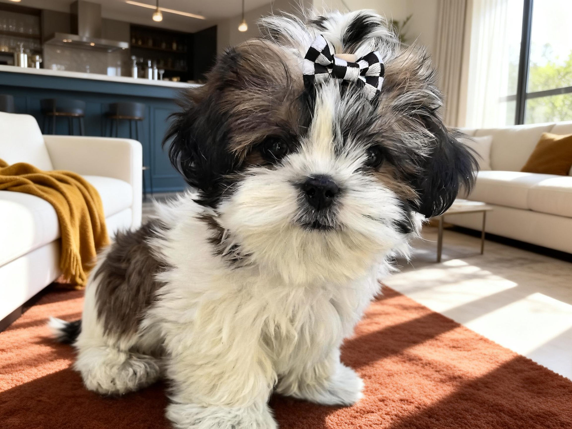 Close-up of the SilkyCo black and silver checkerboard pet bow. A two-month-old particolored Shih Tzu puppy wears it attentively, seated on an orange-brown rug.