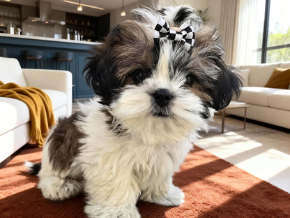 Close-up of the SilkyCo black and silver checkerboard pet bow. A two-month-old particolored Shih Tzu puppy wears it attentively, seated on an orange-brown rug.