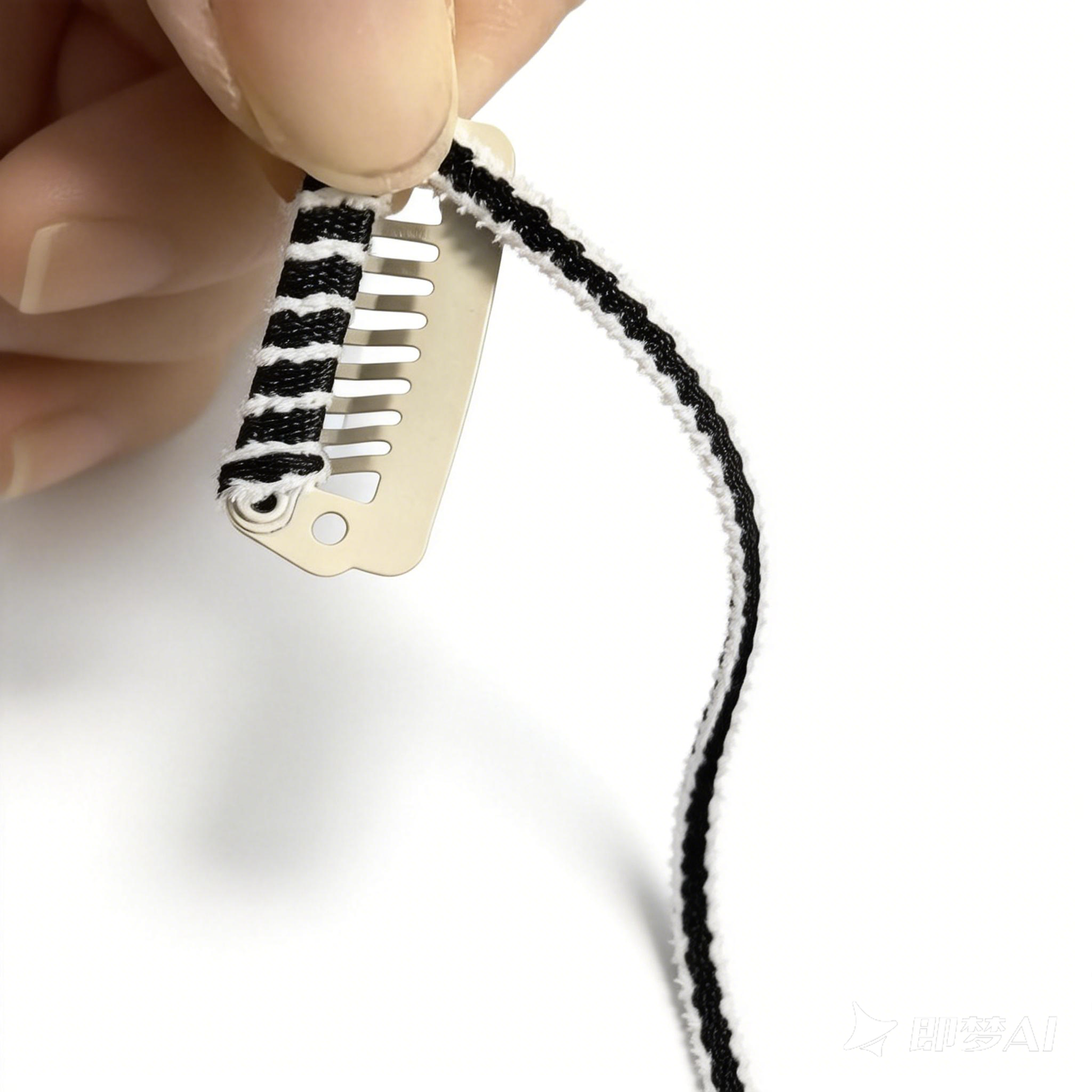 Close-up detail of SilkyCo Cozy Embrace Collection dog barrette, showcasing the handmade craftsmanship. A maker’s hand demonstrates the thick, soft brushed fabric with black ribbon and white edge, tightly hand-wrapped around the sturdy 301 stainless steel clip base.