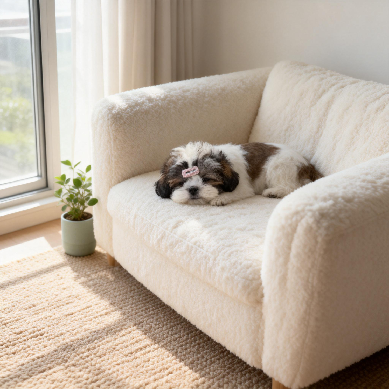 	
A brown and white Shih Tzu puppy wearing a soft pink SilkyCo barrette naps peacefully on a light-colored sofa. Showcases the gentle, comfortable fit of the accessory.