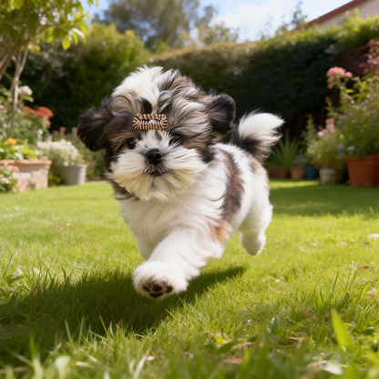 SilkyCo Cozy Embrace Collection dog barrette stays secure during play. A brown and white Shih Tzu puppy leaps joyfully on a sunny lawn, with the bow clearly visible and held firmly in place on its head. The background features a lush American backyard with plants and flowers.