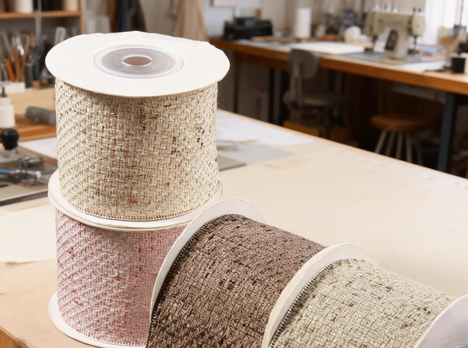 Four rolls of curated fabric in beige, pink, dark brown, and light green, including linen tweed and other textured materials, displayed on a SilkyCo craft workbench for making pet accessories.
