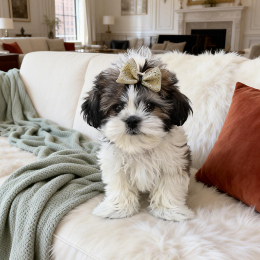 SilkyCo Detachable Tweed Pet Bow in sage green, worn by a Shih Tzu puppy. The dog sits on a white fluffy cushion and sofa in a bright, tastefully decorated modern living room.