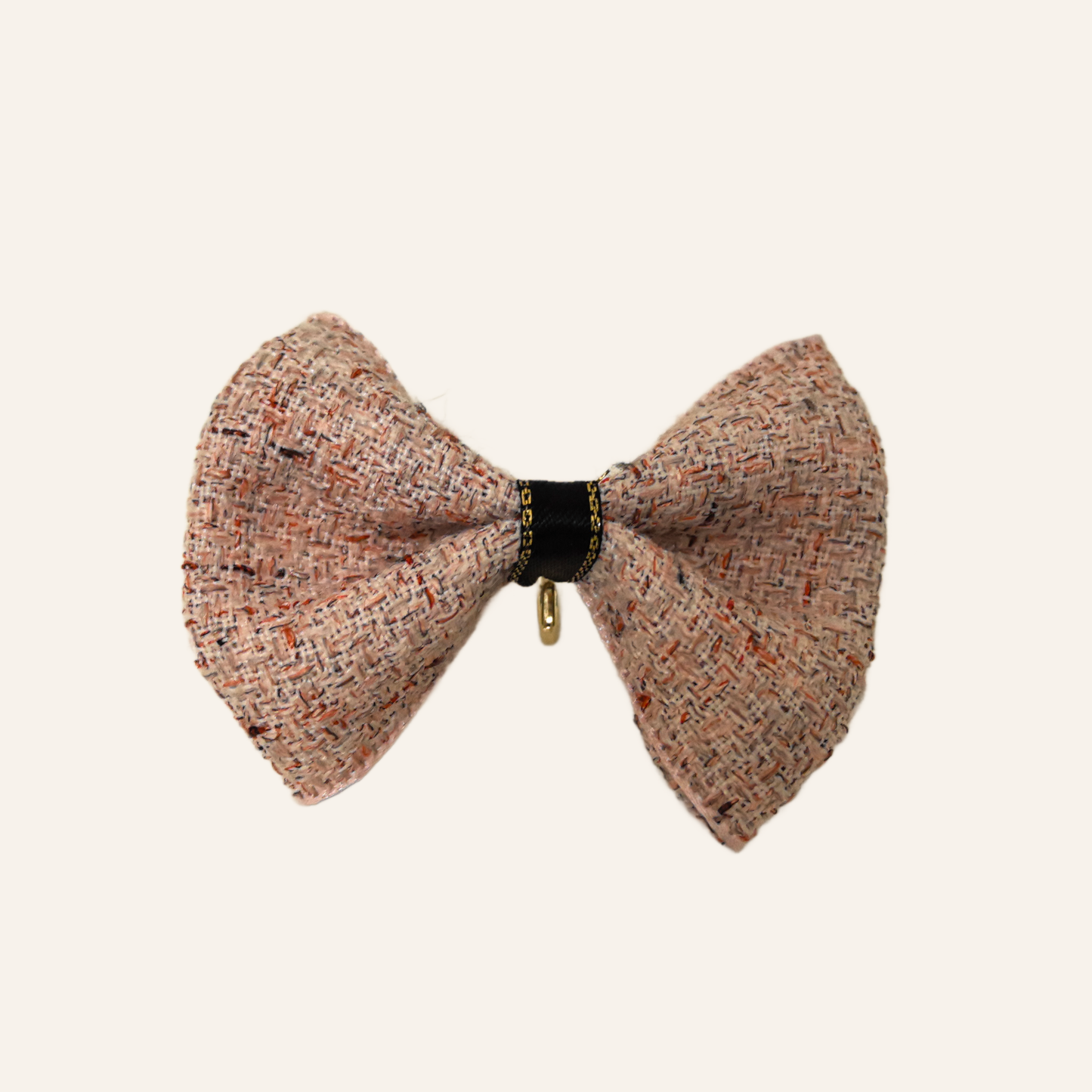 Top-down view of the SilkyCo Tweed Bow in Dusty Rose, showcasing the gold-tone clasp.