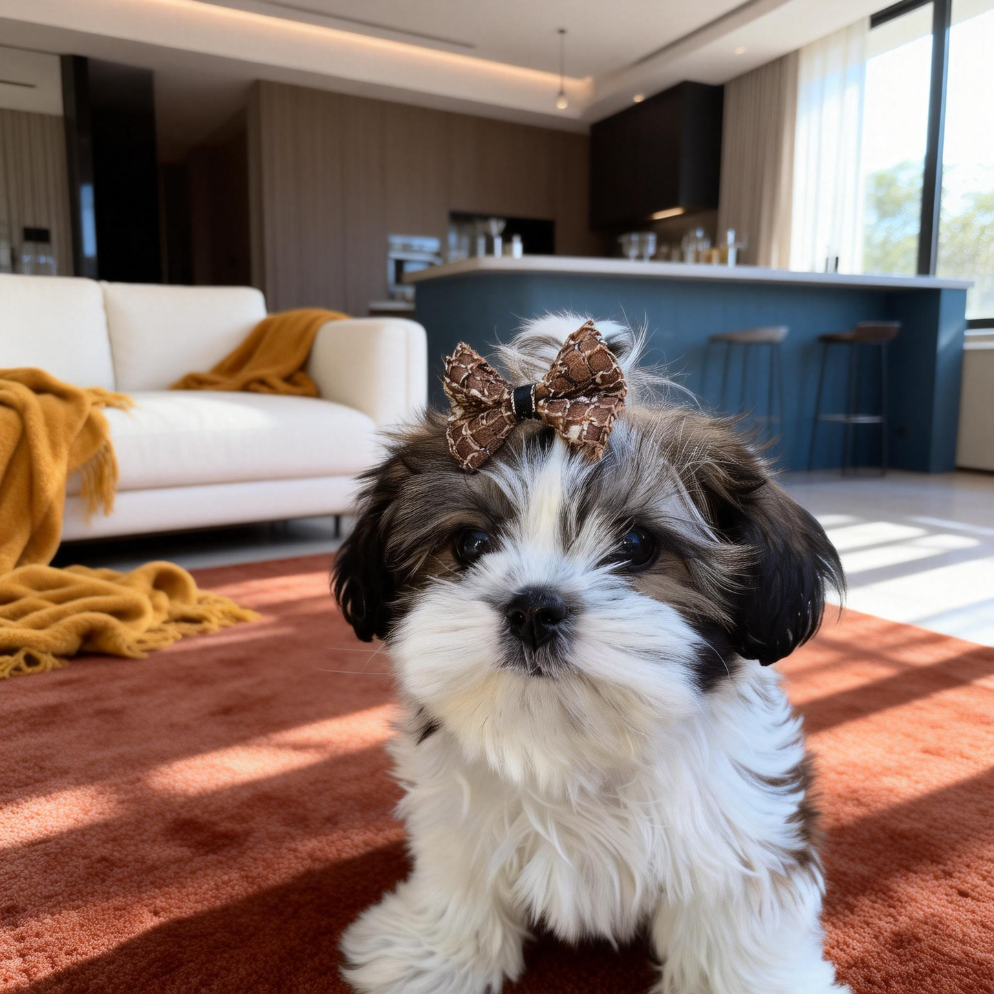 SilkyCo Gala Collection Detachable Woven Mesh Pet Bow on a  two-month-old Shih Tzu. The dog sits on a red rug in a bright, modern living room, showcasing the elegant brown woven bow in a luxurious home setting.