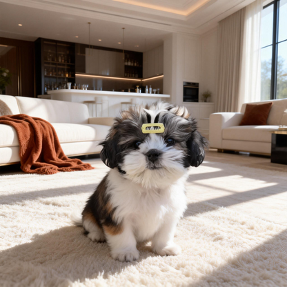 SilkyCo Gold Sequin-Woven BB Clip on a Shih Tzu puppy. A black, white, and brown puppy wears the sparkling gold hair clip, sitting on a white shag rug in a bright, modern living room.