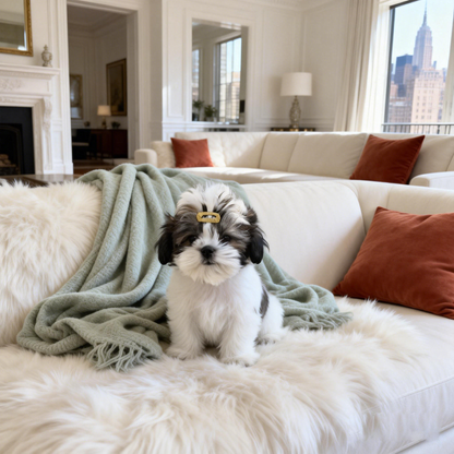 SilkyCo Matte Whisper Collection Khaki Hand-Wrapped Milk Silk Pet Barrette on a puppy. A black and white shih tzu puppy wears the barrette, sitting on a sofa with a white fluffy mat and a light green throw. The background shows a cozy living room with a fireplace, artwork, and large windows.
