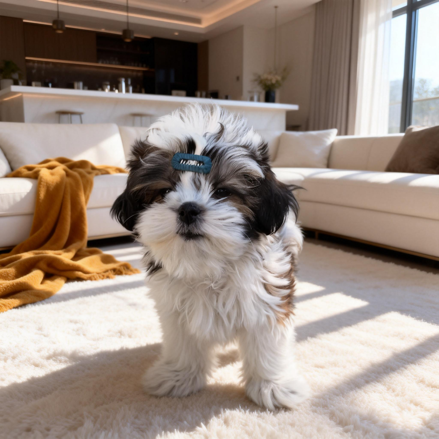 SilkyCo Matte Whisper Collection Dark Green Hand-Wrapped Milk Silk Pet Barrette on a Shih Tzu puppy. A fluffy black and white Shih Tzu wears the barrette, standing on a white shag rug in a cozy living room with a beige sofa and orange throw blanket in the background.