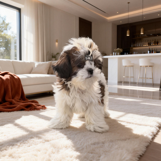 SilkyCo Soft BB Clip for small dogs, worn by a black and white Shih Tzu puppy. The puppy stands on a white shag rug in a bright, sunny living room with large windows, a white sofa, and a bar area in the background, creating a warm and cozy scene.