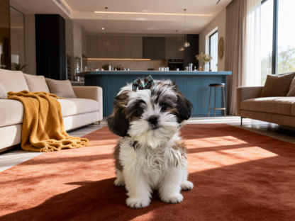 SilkyCo 5cm Wide Vintage Teal Houndstooth Bow on a Shih Tzu puppy. The large statement bow is attached securely to the top of the head.