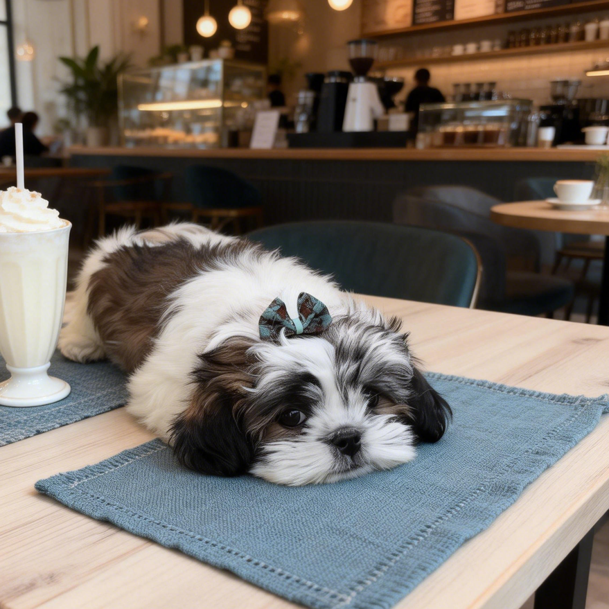A Shih Tzu wearing a SilkyCo Vintage Teal Houndstooth Dog Bow rests on a café table next to a cream-topped drink, in a cozy and stylish café setting.