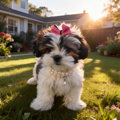 Shih Tzu puppy sitting on a lush American garden lawn, wearing a bright Magenta SilkyCo Vivid Pop Collection detachable two-tone bow and pearl necklace, showcasing a warm and wonderful pet lifestyle.