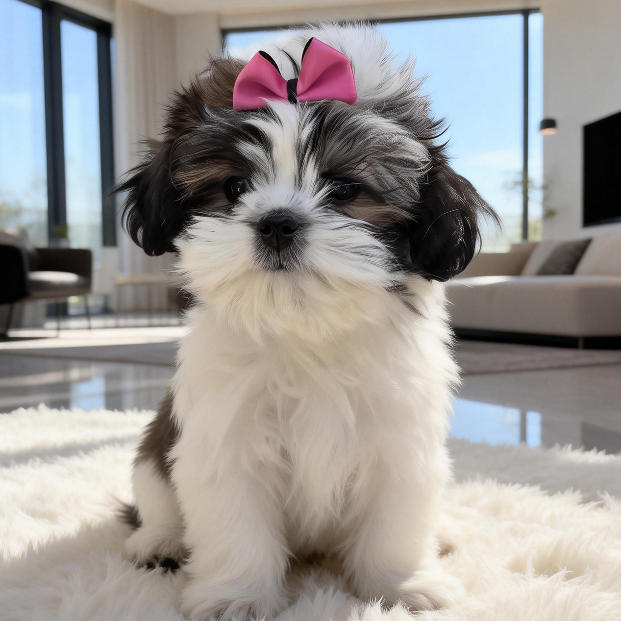 SilkyCo Vivid Pop Collection Magenta Two-Tone Pet Bow on a Shih Tzu puppy in a modern living room setting.
