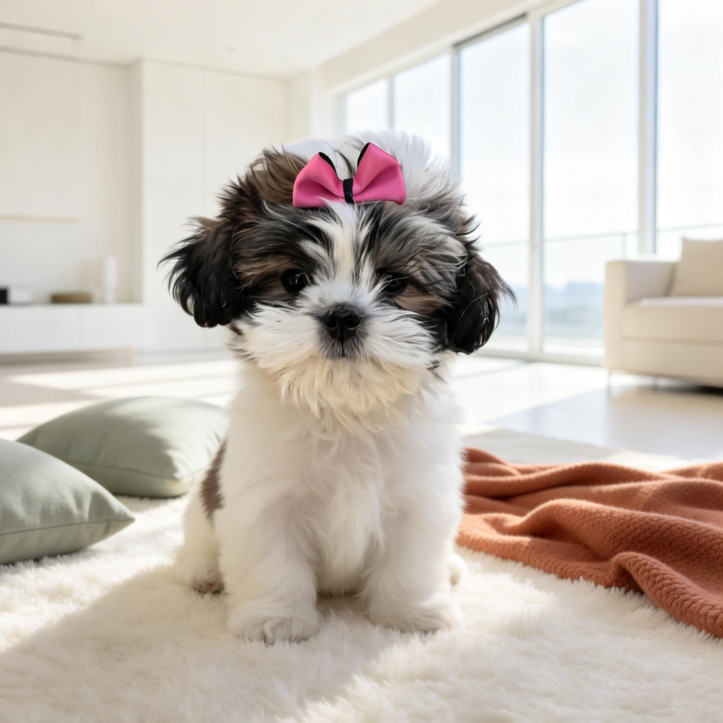 SilkyCo Vivid Pop Collection Pink Detachable Two-Tone Pet Bow on a Shih Tzu puppy. A fluffy black and white dog wears the vibrant pink bow, sitting on a white shag rug in a bright, modern living room with light green cushions.
