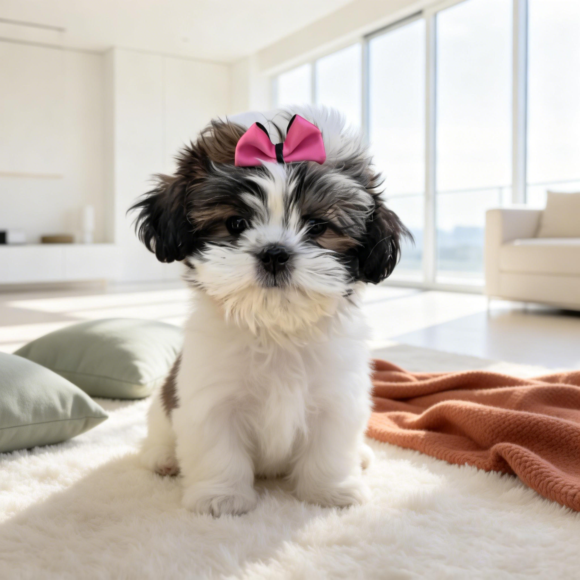 SilkyCo Vivid Pop Collection Pink Detachable Two-Tone Pet Bow on a Shih Tzu puppy. A fluffy black and white dog wears the vibrant pink bow, sitting on a white shag rug in a bright, modern living room with light green cushions.