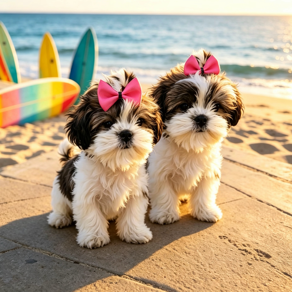 This main product image features two Shih Tzu puppies on a sun-drenched beach with colorful surfboards. One puppy wears the SilkyCo Vivid Pop magenta detachable bow with an elastic band, while the other styles the BB clip version. Designed for the fine hair of Yorkies, Shih Tzus, and Malteses, these two-tone vibrant bows provide a secure, no-slip fit for summer adventures and outdoor photography.