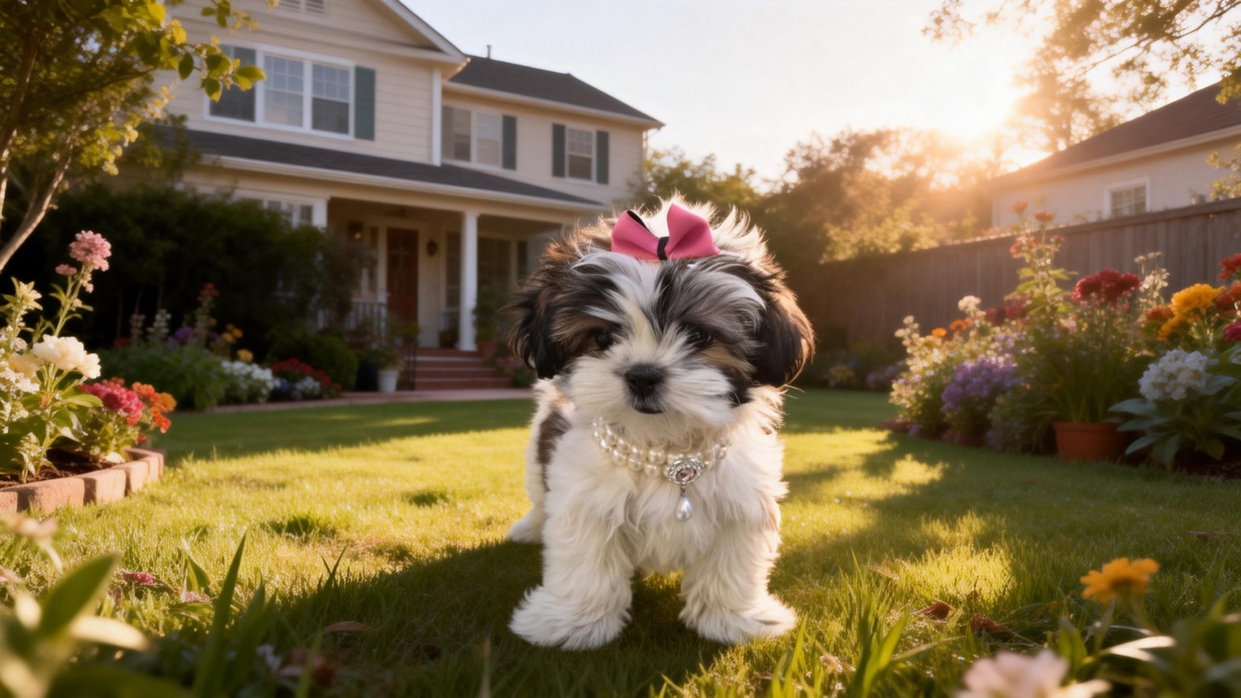 Two-month-old Shih Tzu puppy wearing a bright pink SilkyCo Vivid Pop Collection detachable two-tone bow and a pearl necklace, standing in a sunlit American garden, looking brightly at the camera.