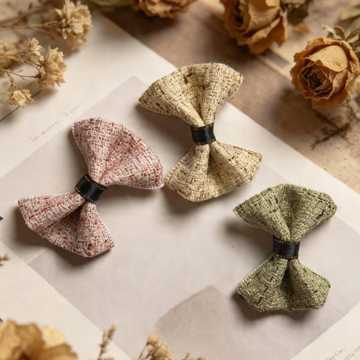 SilkyCo’s Tweed Dog Hair Bow, designed for Yorkshire Terriers, Shih Tzus, and Malteses. This set features three timeless tweed colors—Sage Green, Dusty Rose, and Oatmeal—each with a classic tweed texture.