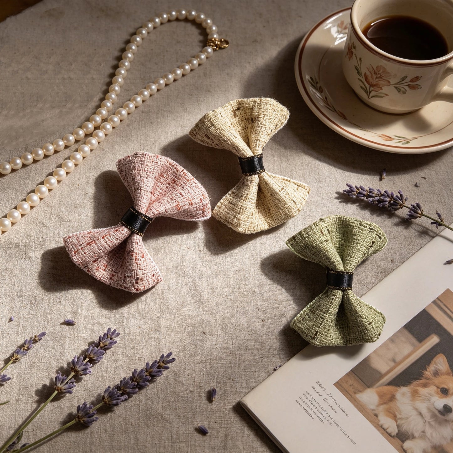 Tweed dog hair bows in Sage Green, Petal Rose, and Oatmeal for Shih Tzu, Maltese, and Yorkie styling.