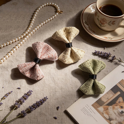 Tweed dog hair bows in Sage Green, Petal Rose, and Oatmeal for Shih Tzu, Maltese, and Yorkie styling.