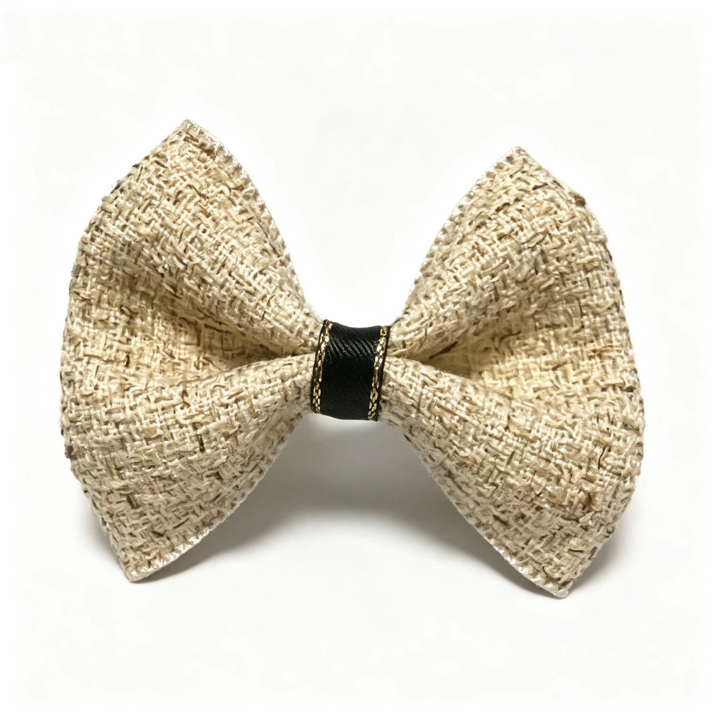 Oatmeal Tweed dog hair bow front view, showing the soft cream tweed texture and structured bow shape.