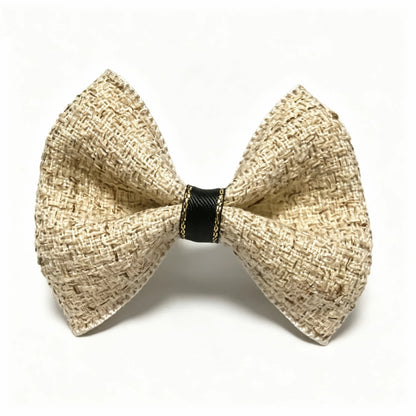 Oatmeal Tweed dog hair bow front view, showing the soft cream tweed texture and structured bow shape.