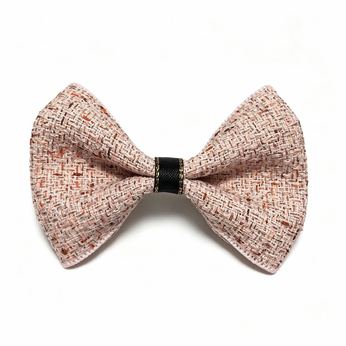 Petal Rose Tweed dog hair bow front view, showing the soft pink tweed texture and structured bow shape.
